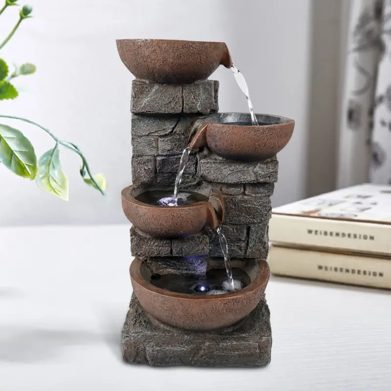 4-Tiered Resin Bowl Indoor Tabletop Fountain with LED Light-15.7"H